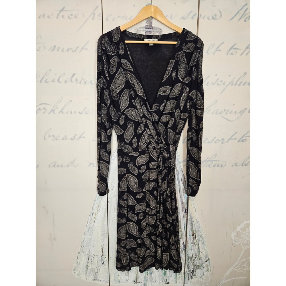 Pendleton Faux Wrap Dress Small Black Gray Paisley Long Sleeve Boho Classic